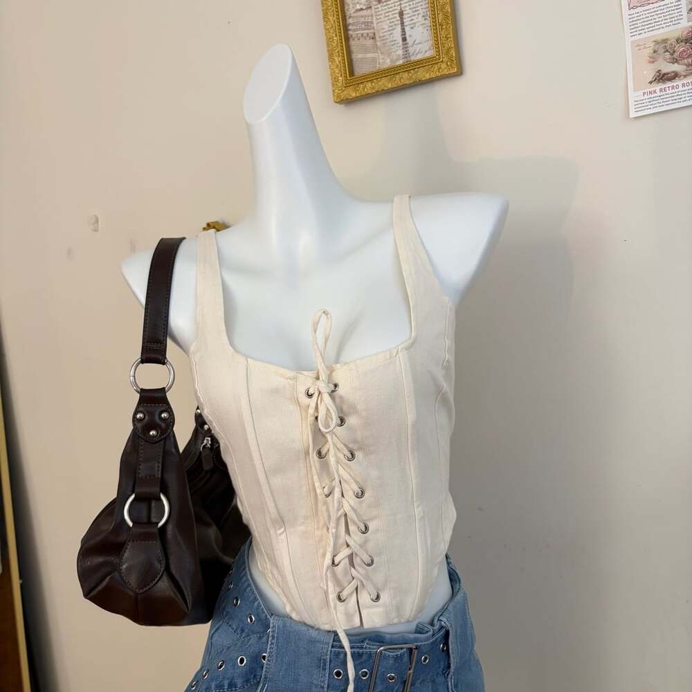 Lone Star Lace-Up Corset Top Size L Cream Cotton Square Neck Tank
